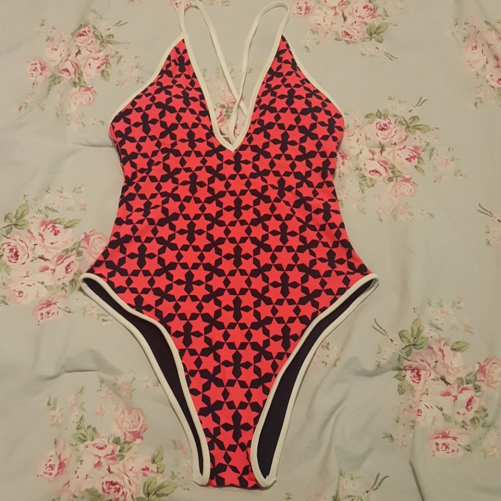 NWOT:Neon Pink, navy, and white one piece swimsuit